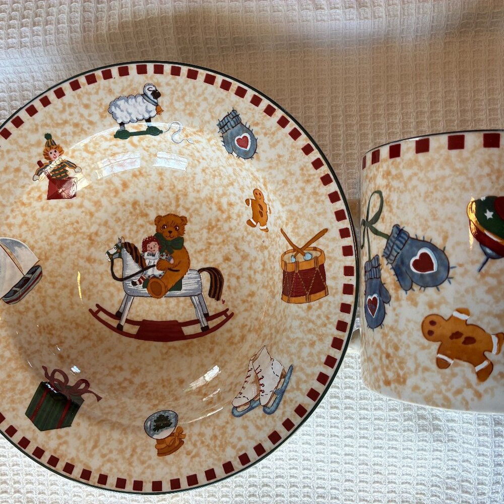 Child's bowl and cup set with toy motif. New